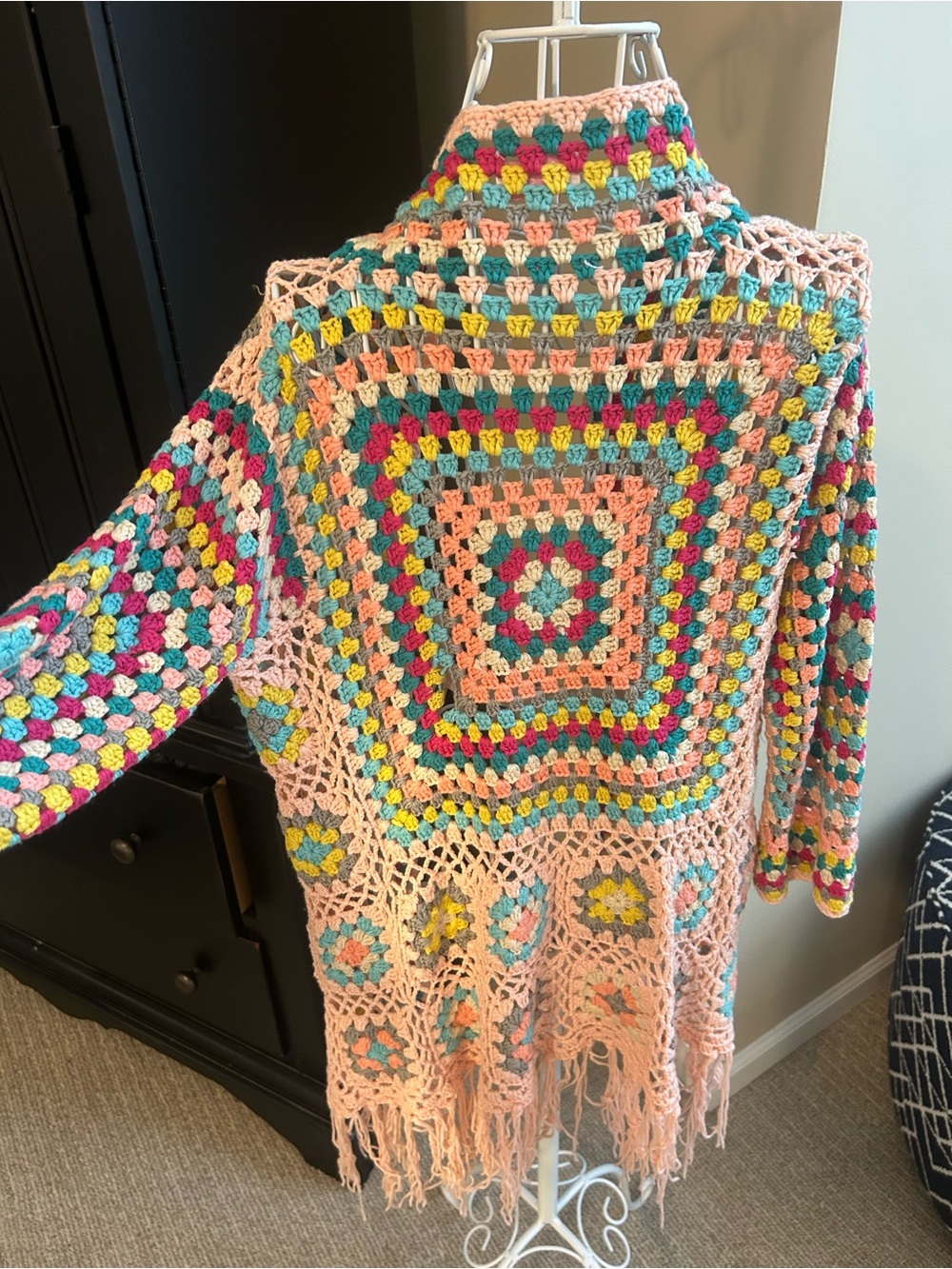 Pink Lilly Crochet Fringe Cardigan in Pink, Teal, Yellow & Fuchsia size small - Picture 4 of 5